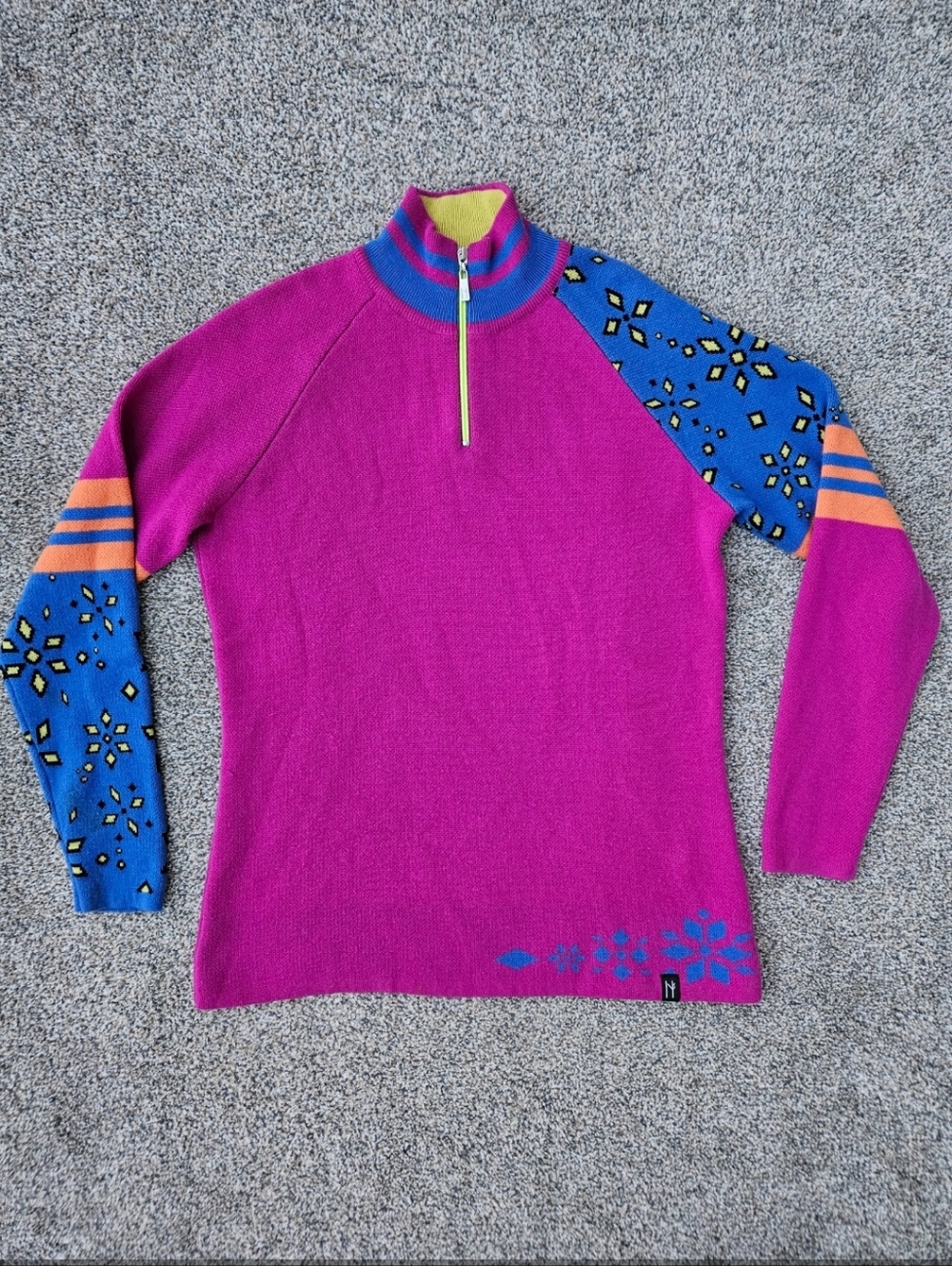 NEVE Ski Sweater Colorful 1/4 Zip Wool Blend Fair Isle Nordic Ski Shirt Large